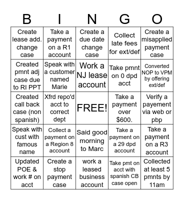 Dialer Bingo Card
