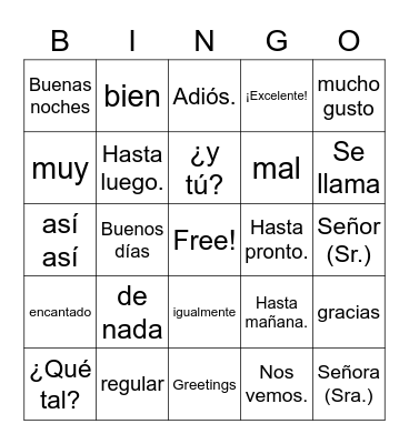 Spanish Greetings Bingo Card