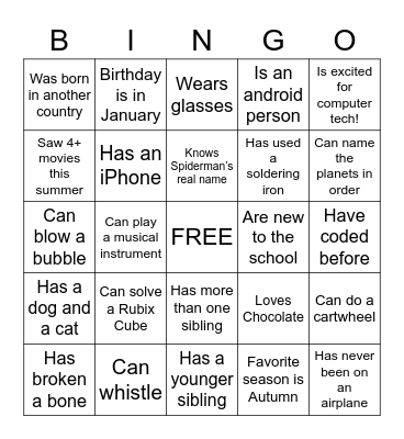 Computer Tech - Get to Know You Bingo Card
