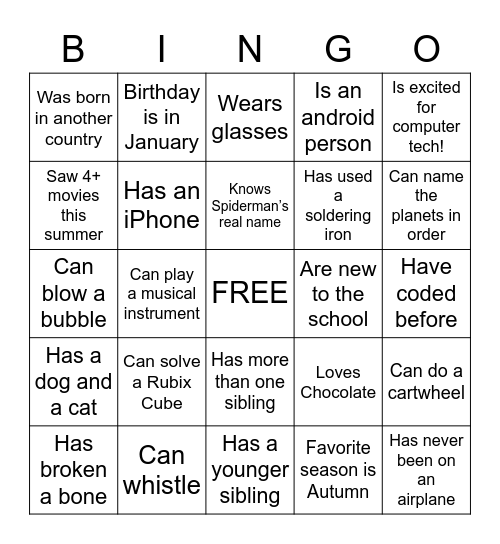 Computer Tech - Get to Know You Bingo Card