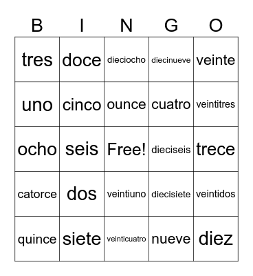 Spanish Numbers Bingo Card