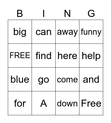 Sight Words Bingo Card