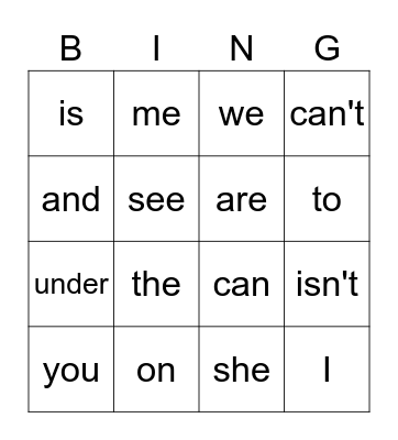 Sight Words Bingo Card