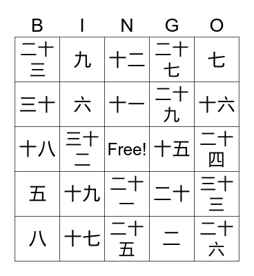 Chinese Numbers Bingo Card