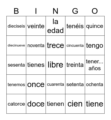 Spanish Numbers Bingo Card