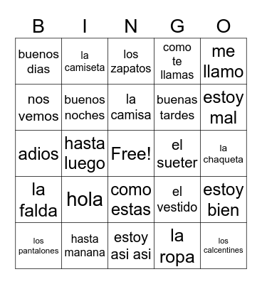 Spanish Words Bingo Card