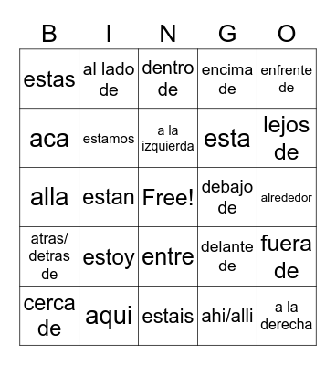 Spanish Directions Bingo Card