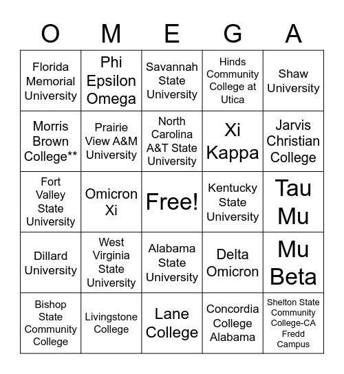 University Bingo Card