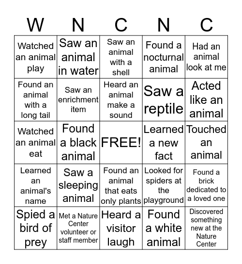 Western North Carolina Nature Center Bingo! Bingo Card