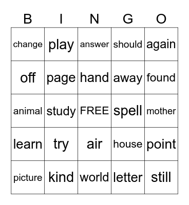 SIGHT WORD BINGO Card