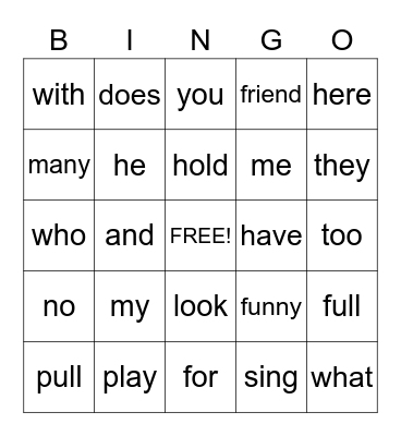 Sight Words Bingo Card