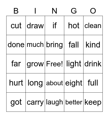 Sight Word Bingo Card