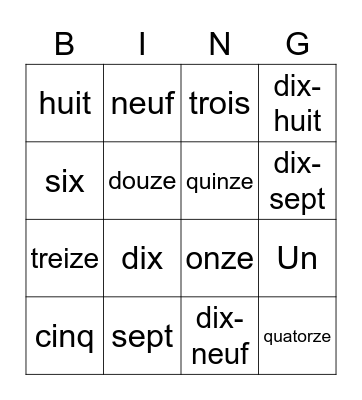 0-20 French, LOTO, French numbers 1-20 Bingo Card