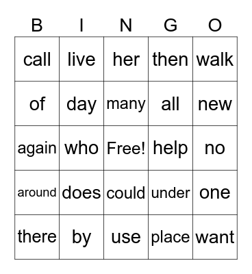 Sight Words Bingo Card