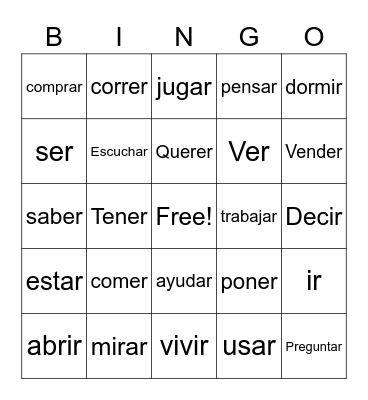 Spanish Words Bingo Card