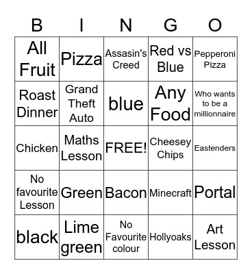 My Favourite things  Bingo Card