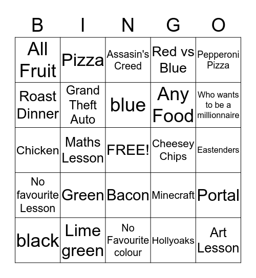 My Favourite things  Bingo Card