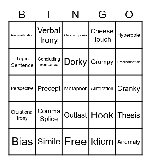 English Intensive Class Review Bingo Card