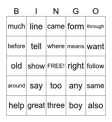 Sight Words Bingo Card