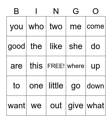 Sight Words Bingo Card