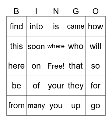 Sight Words Bingo Card