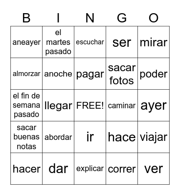 Spanish Words Bingo Card