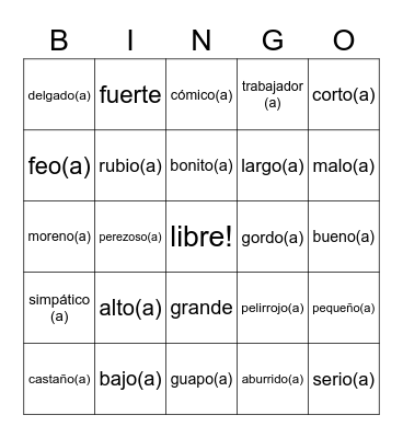 Spanish Adjectives Bingo Card