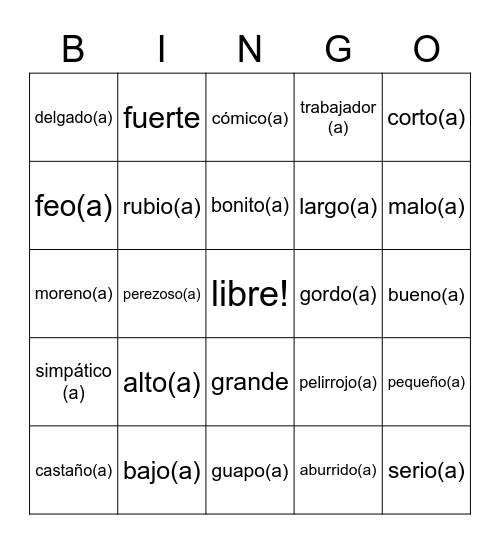Spanish Adjectives Bingo Card