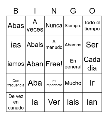 Spanish Words Bingo Card