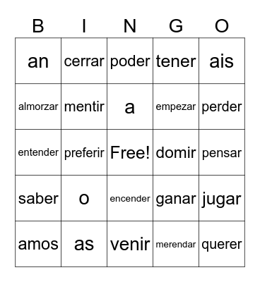 Spanish Words Bingo Card