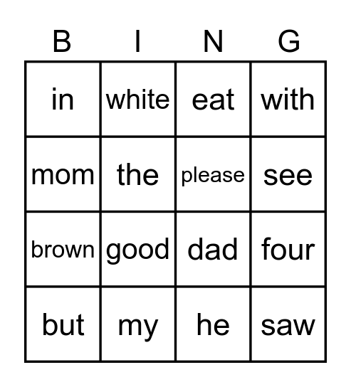 Sight Word Bingo Card