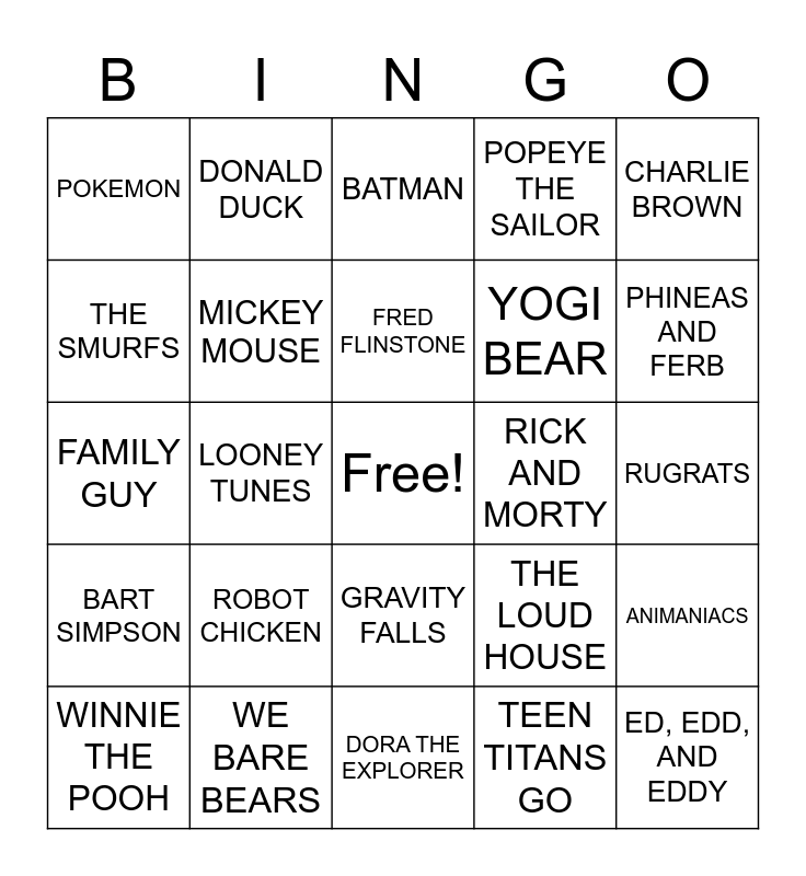 CARTOON CHARACTERS Bingo Card