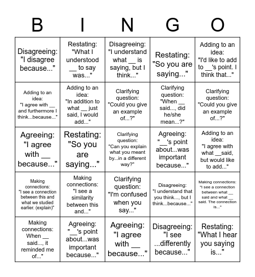 Conversation/participation Bingo Card