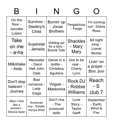 Musical Bingo - Lip sync for your life Bingo Card