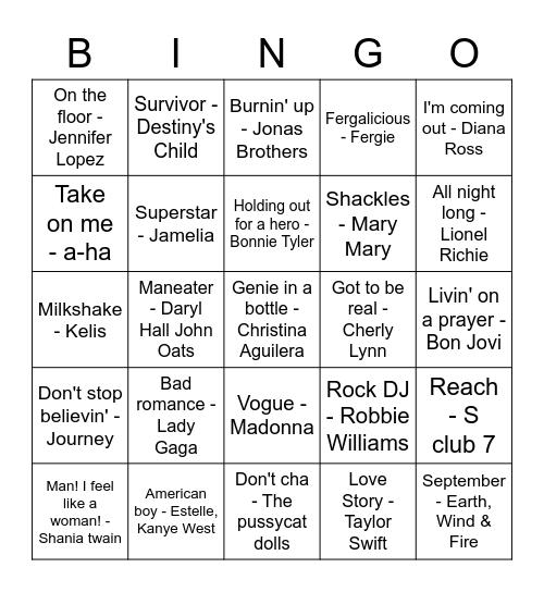 Musical Bingo - Lip sync for your life Bingo Card