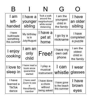 First Day of Summer School Bingo Card