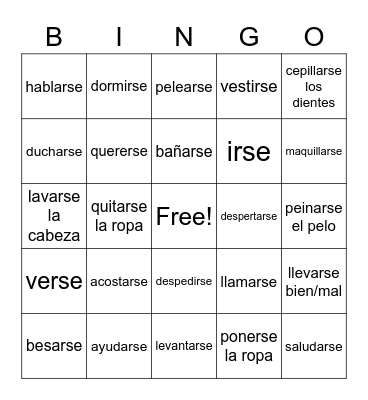 Spanish Words Bingo Card