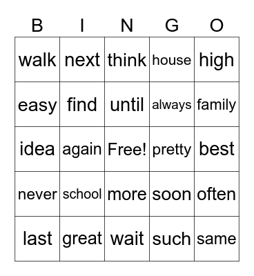 Sight Word Bingo, Sight Word Bingo 1 Bingo Card