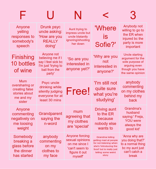 Family Function Fun (Mum's side edt) Bingo Card
