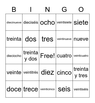 Spanish Numbers Bingo Card