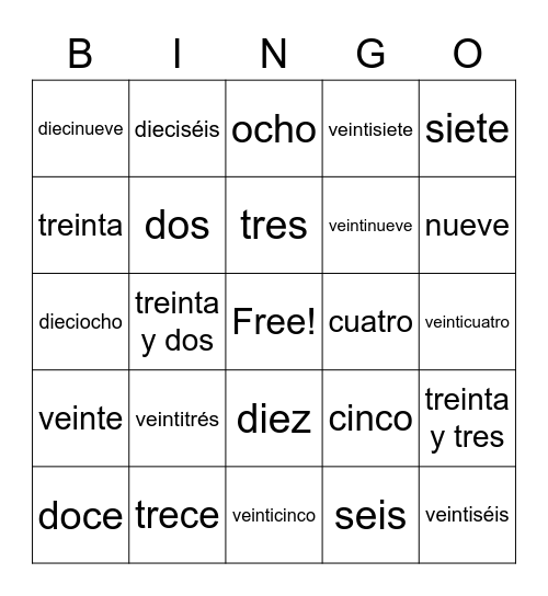 Spanish Numbers Bingo Card