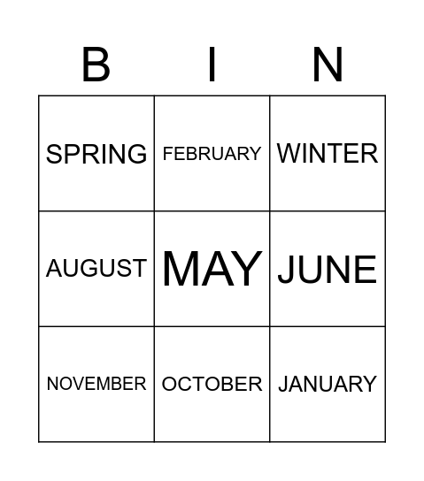 12 Months in a Year and 4 Seasons Bingo Card