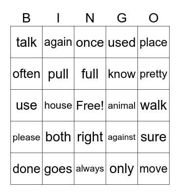 Sight Words Bingo Card
