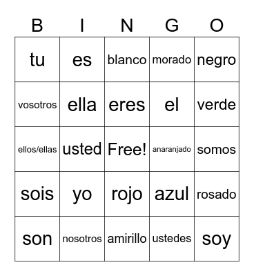 Spanish Words Bingo Card