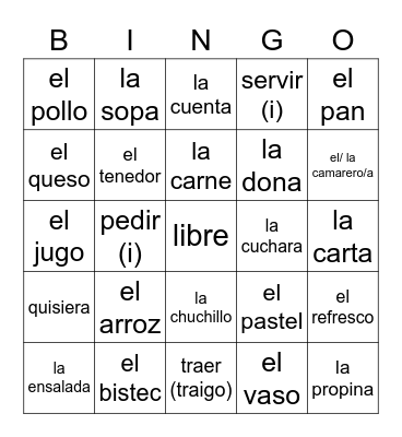 Spanish Words Bingo Card
