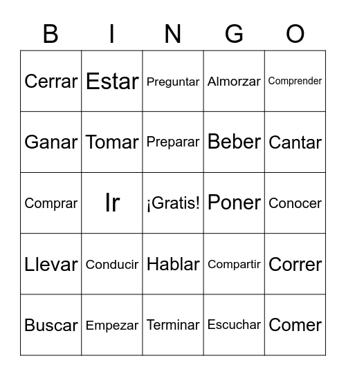 Verbos Bingo Card