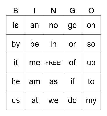 Sight Words Bingo Card