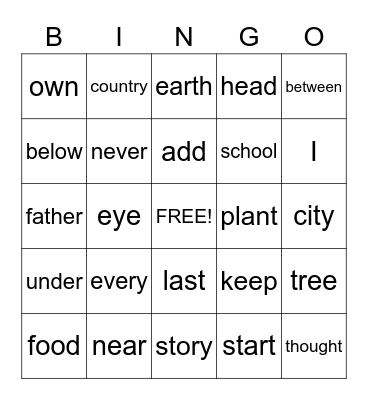 Sight Word Bingo Card