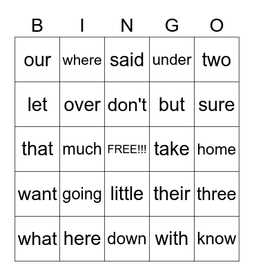Sight Words Bingo Card