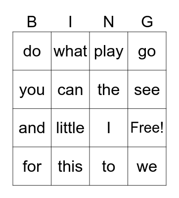 Sight Words Bingo Card